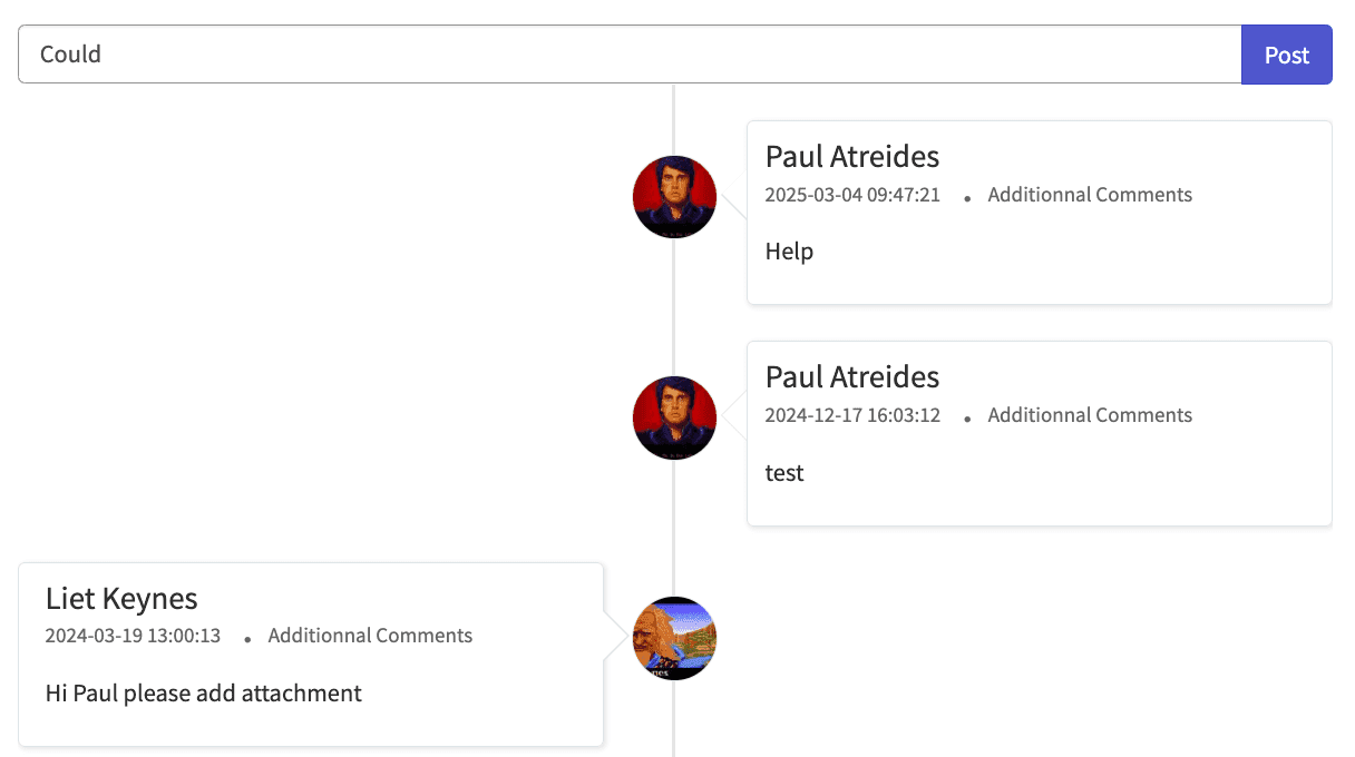 Capture d'écran d'une chronologie de commentaires collaboratifs dans la solution Aguaro, montrant des messages échangés entre les membres de l'équipe (Paul Atreides et Liet Keynes). Cela démontre une collaboration interfonctionnelle au sein d'un espace de travail numérique partagé.