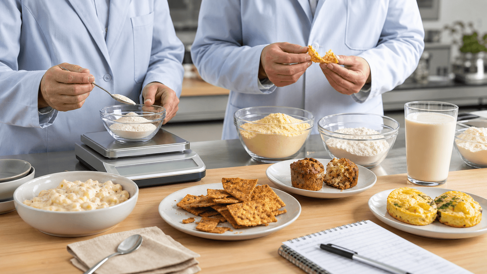 Food developers testing egg-based protein powders in pasta, crackers, muffins, egg bites, and a protein drink.