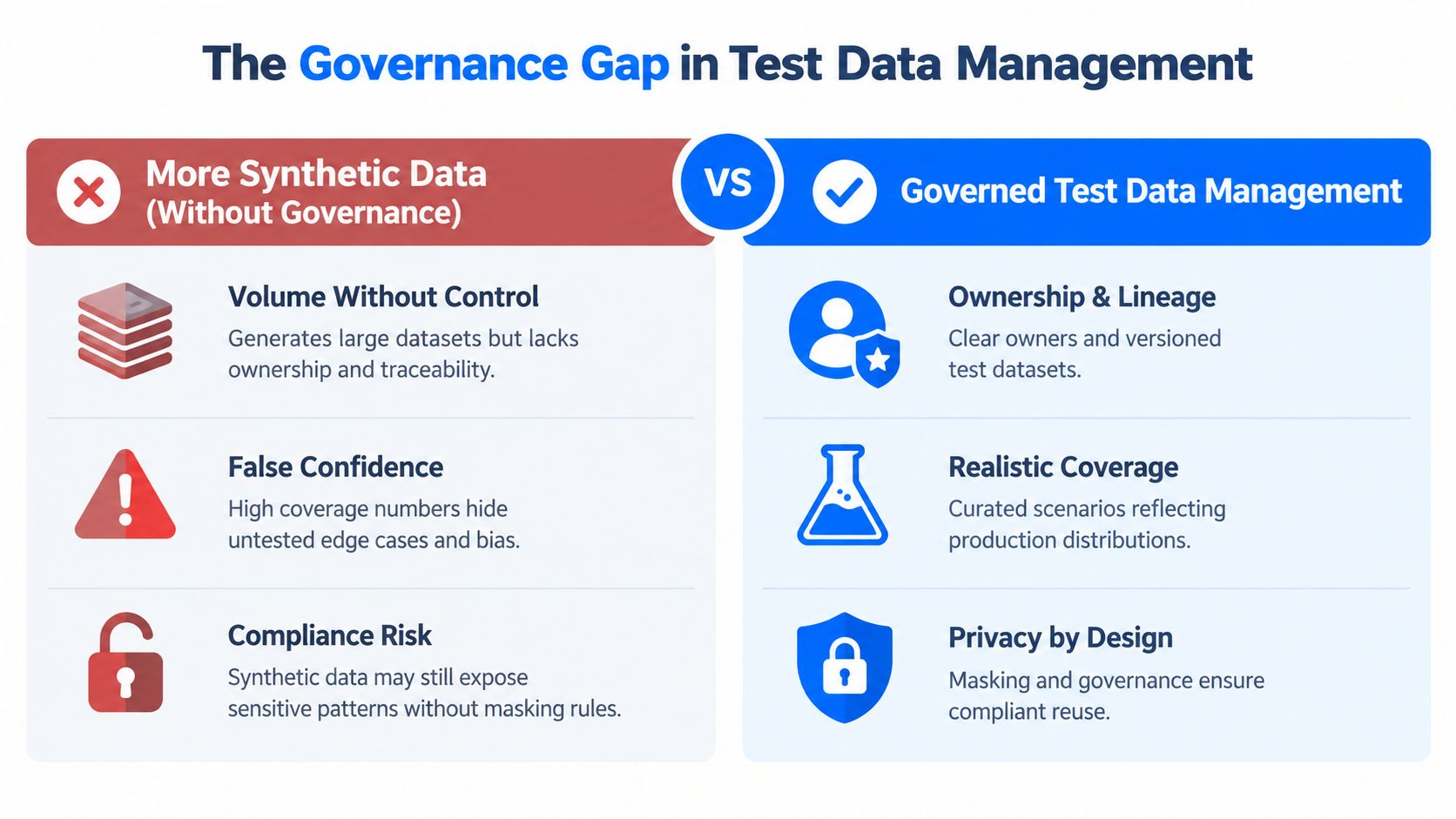 A comparison chart showing the differences between ungoverned synthetic data and governed test data management practices.