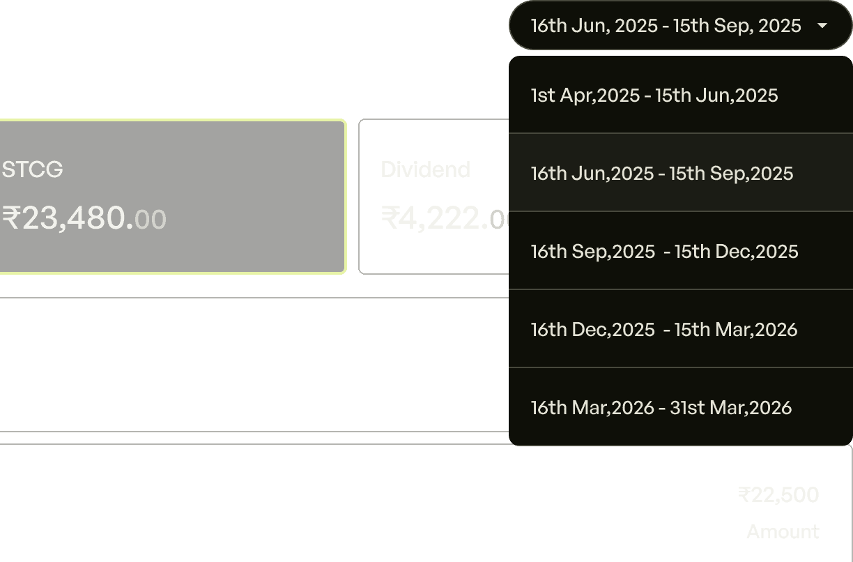 Summary of accrued capital gains, dividends, and quarterly advance tax installments.