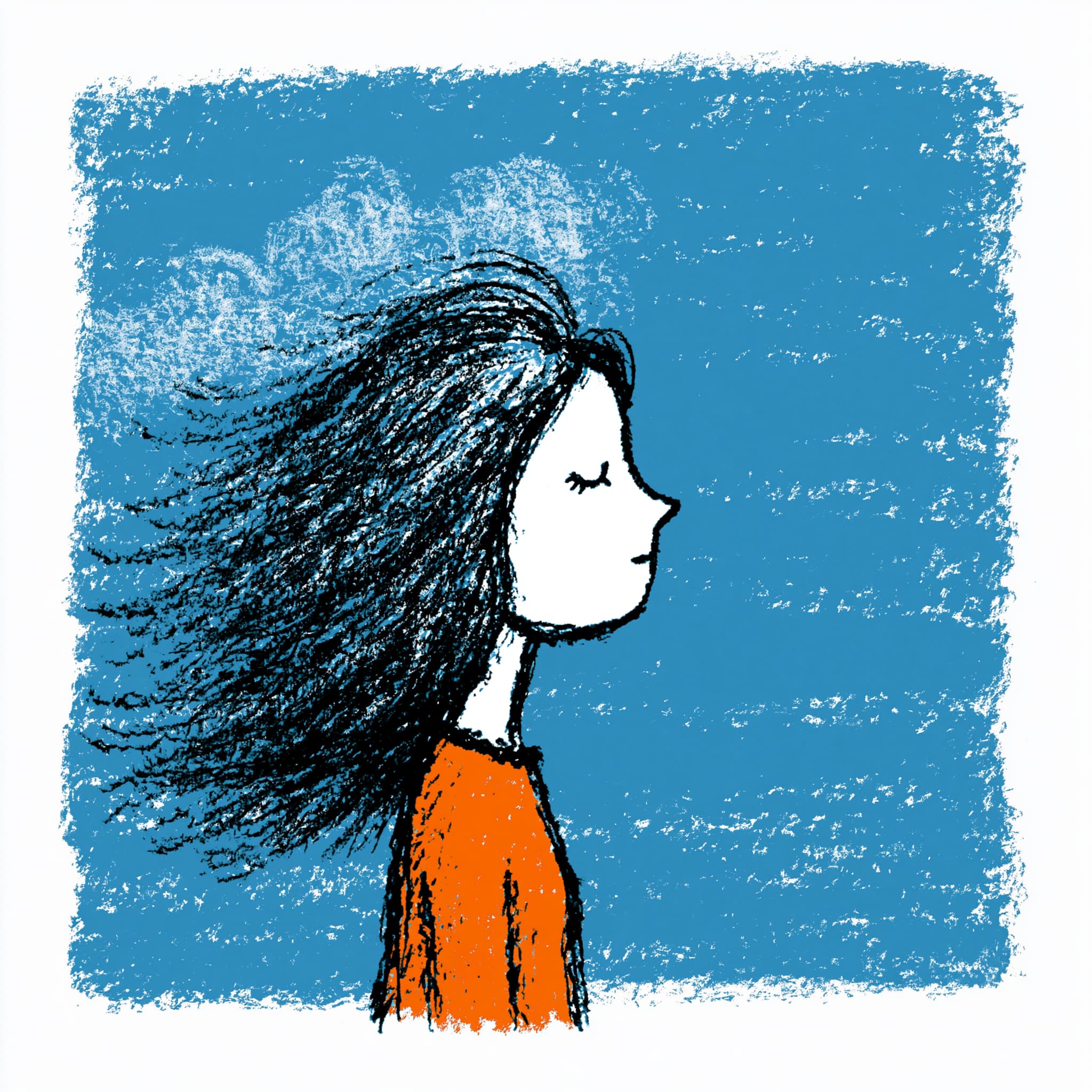 Whimsical Aquarell-Illustration einer tief entspannten Frau im Profil mit geschlossenen Augen und sanften Wellen der Ruhe – Entspannungstherapie Konstanz