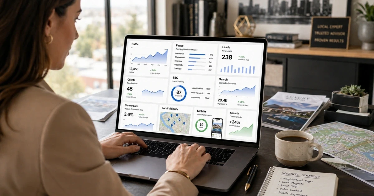 A real estate professional reviewing website analytics and optimizing local SEO performance on a laptop.