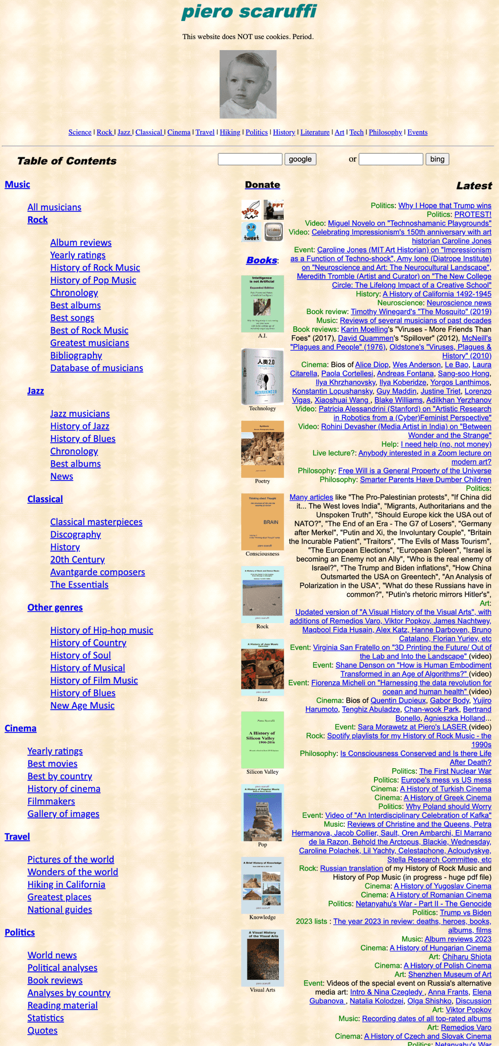 screenshot of the homepage of Scaruffi.com. the odd mixture of whimsy and chaos commonly found in 90s websites is well represented. This particular page is largely a collection of blue underlined links over a patterned beige-ish background