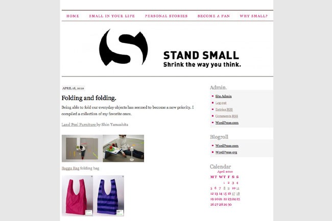 A webpage titled "STAND SMALL" with a black stylized "S" logo at the top. The page includes sections for "HOME," "SMALL IN YOUR LIFE," "PERSONAL STORIES," "BECOME A FAN," and "WHY SMALL?" with dates and descriptions of folding and folding bags. Below are images of folding bags and furniture items. The footer shows a "Calendar" section with dates and times.