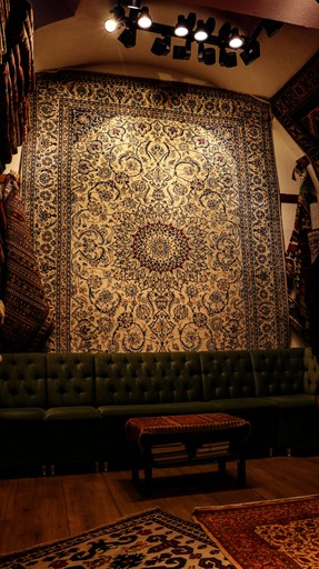 a living room with a couch and rugs
