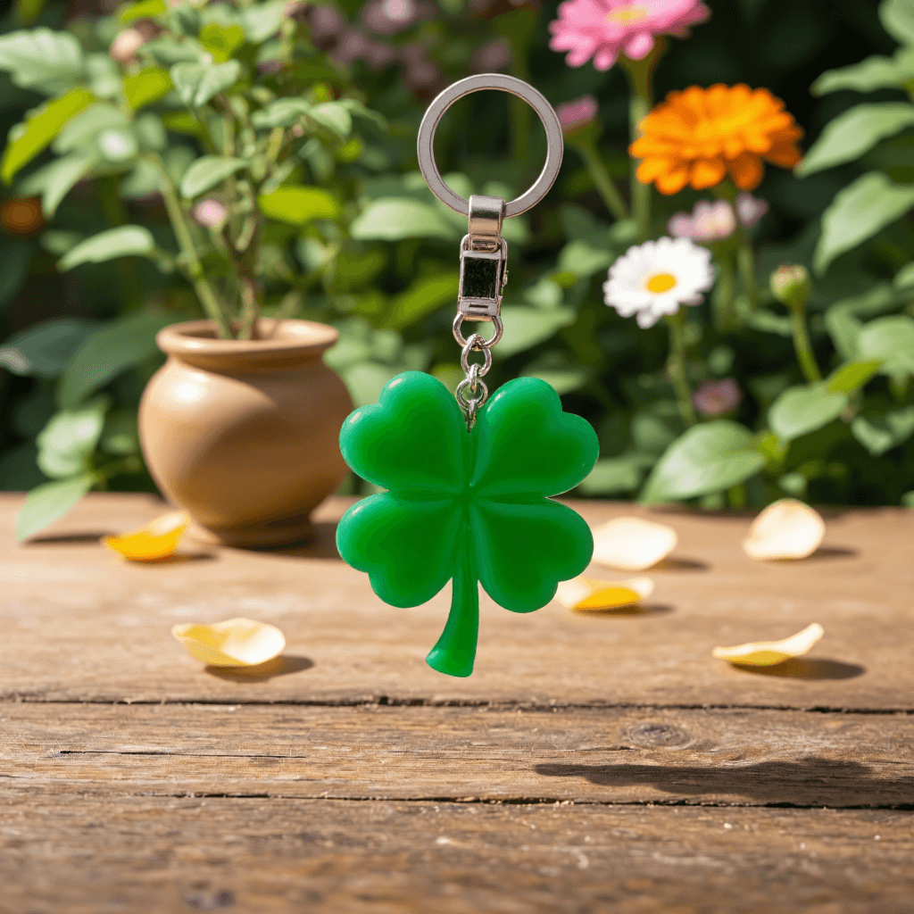 product photography of a keychain with a four-leaf clover design, used for decoration or as a charm