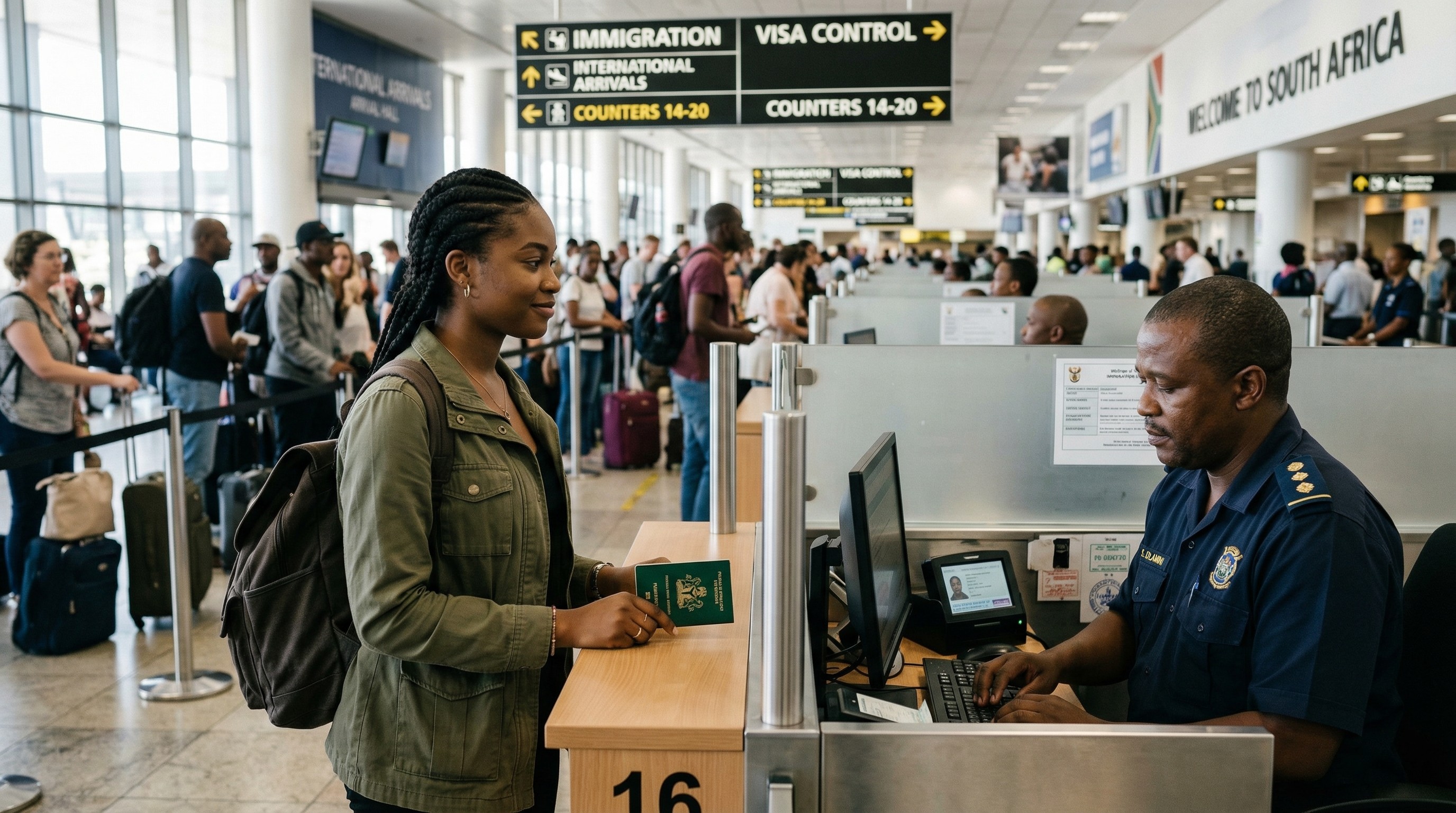 A young African traveler standing at an airport immigration counter.