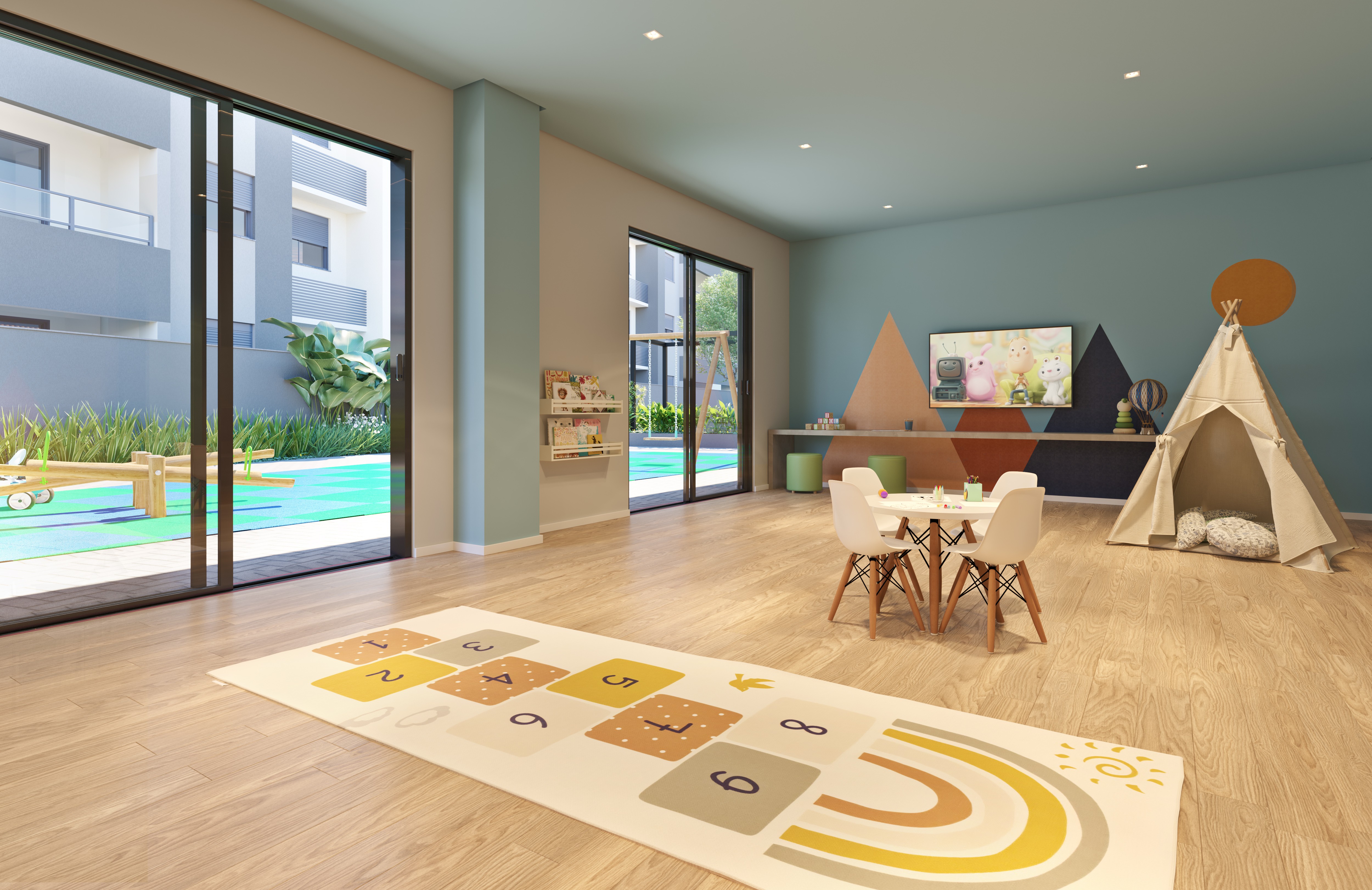 Curved modern skyscraper against a clear blue sky.