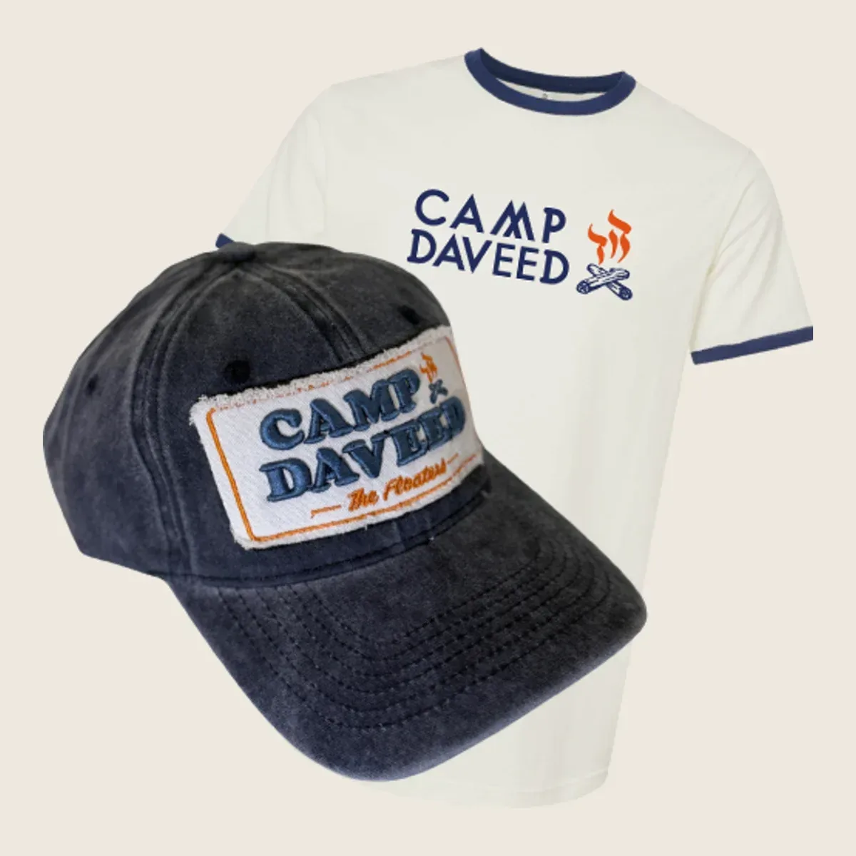 The Floaters camp merchandise: hats and embroidered patches