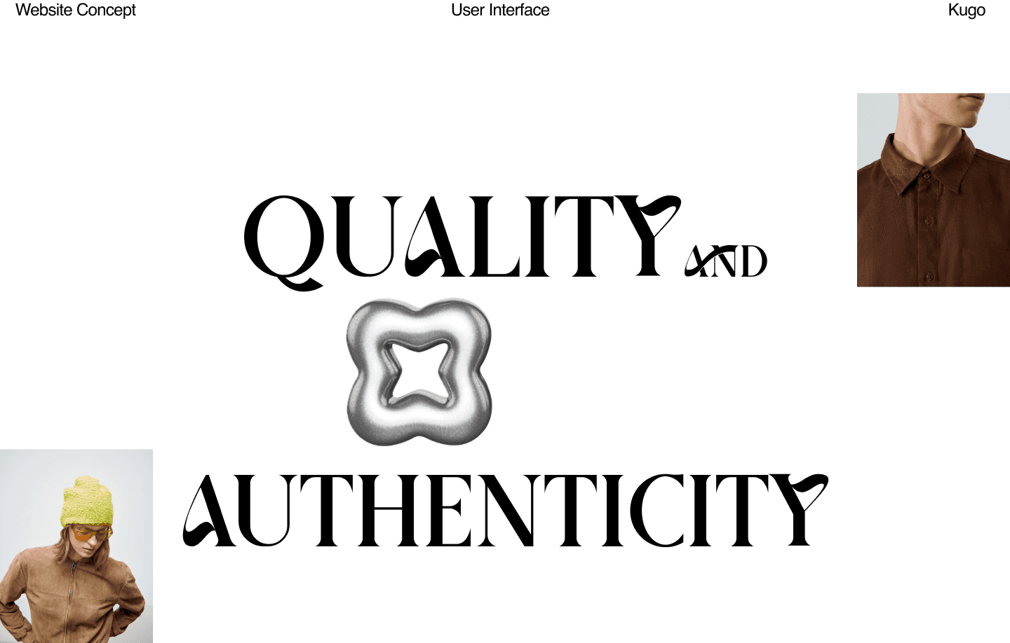 "Modern fashion concept with a metallic abstract shape in the center, flanked by stylish clothing models in brown and earthy tones, emphasizing contemporary design and individuality."