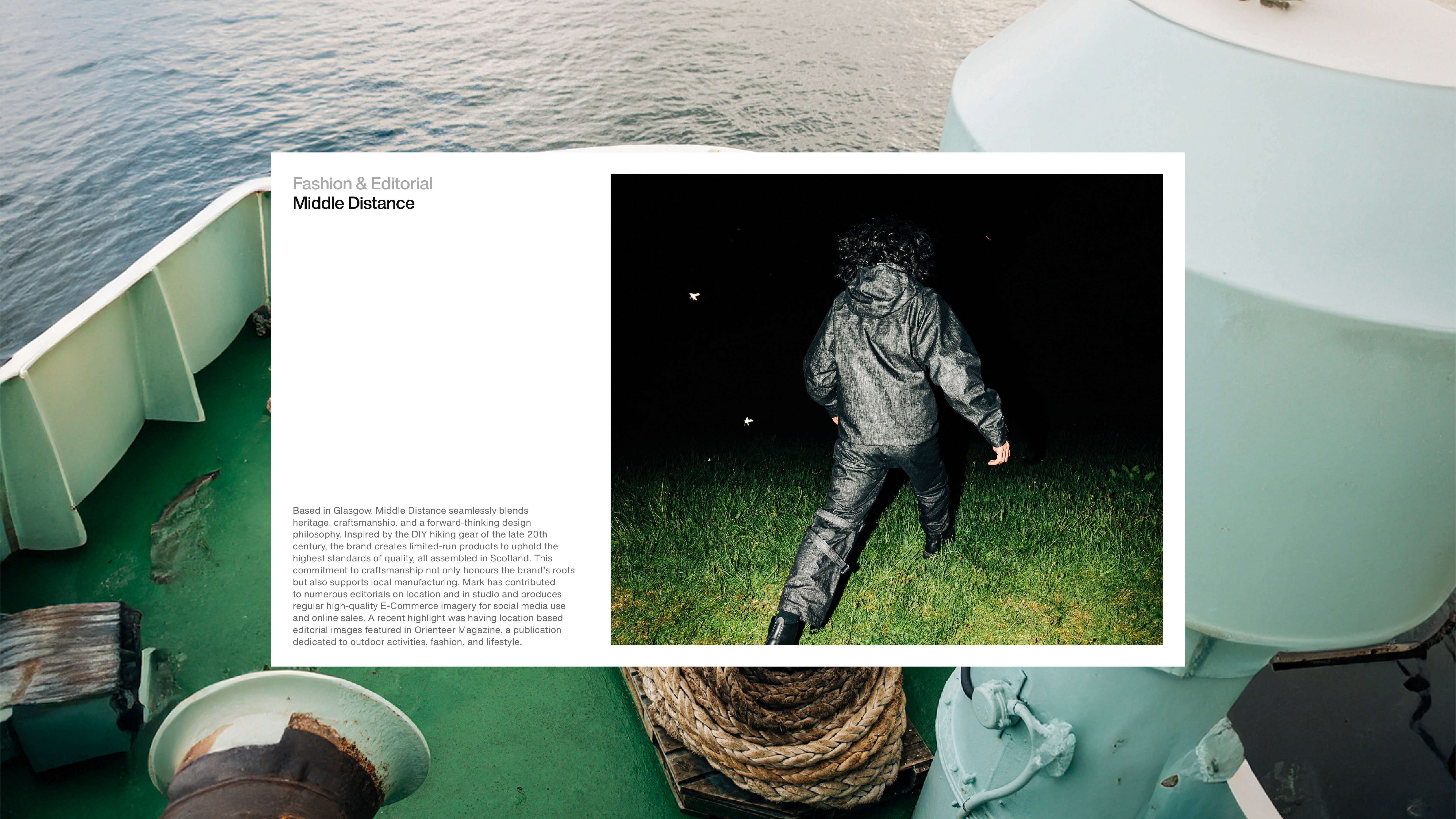 Brand presentation page featuring fashion editorial for Middle Distance 
