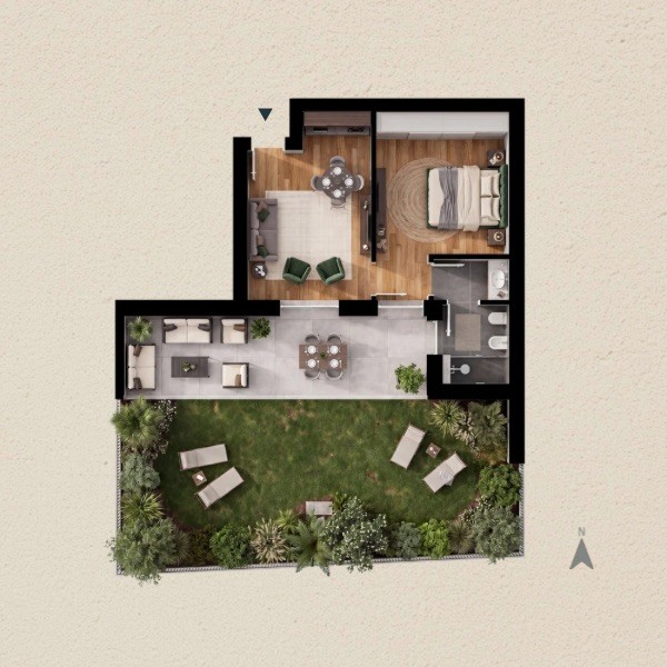 Planimetria e piantina di un appartamento trilocale di nuova costruzione al piano terra con splendido giardino privato e porticato vivibile, alle porte di Torino (Collegno) vicino alla metropolitana.
