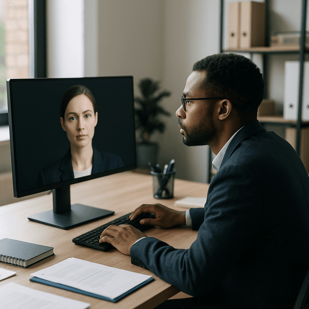 QA manager viewing AI avatar training video on monitor