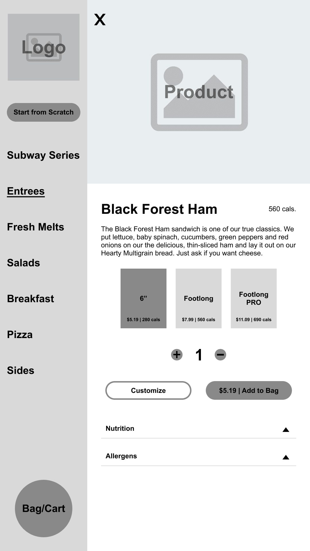 Wireframe design of the products screen.