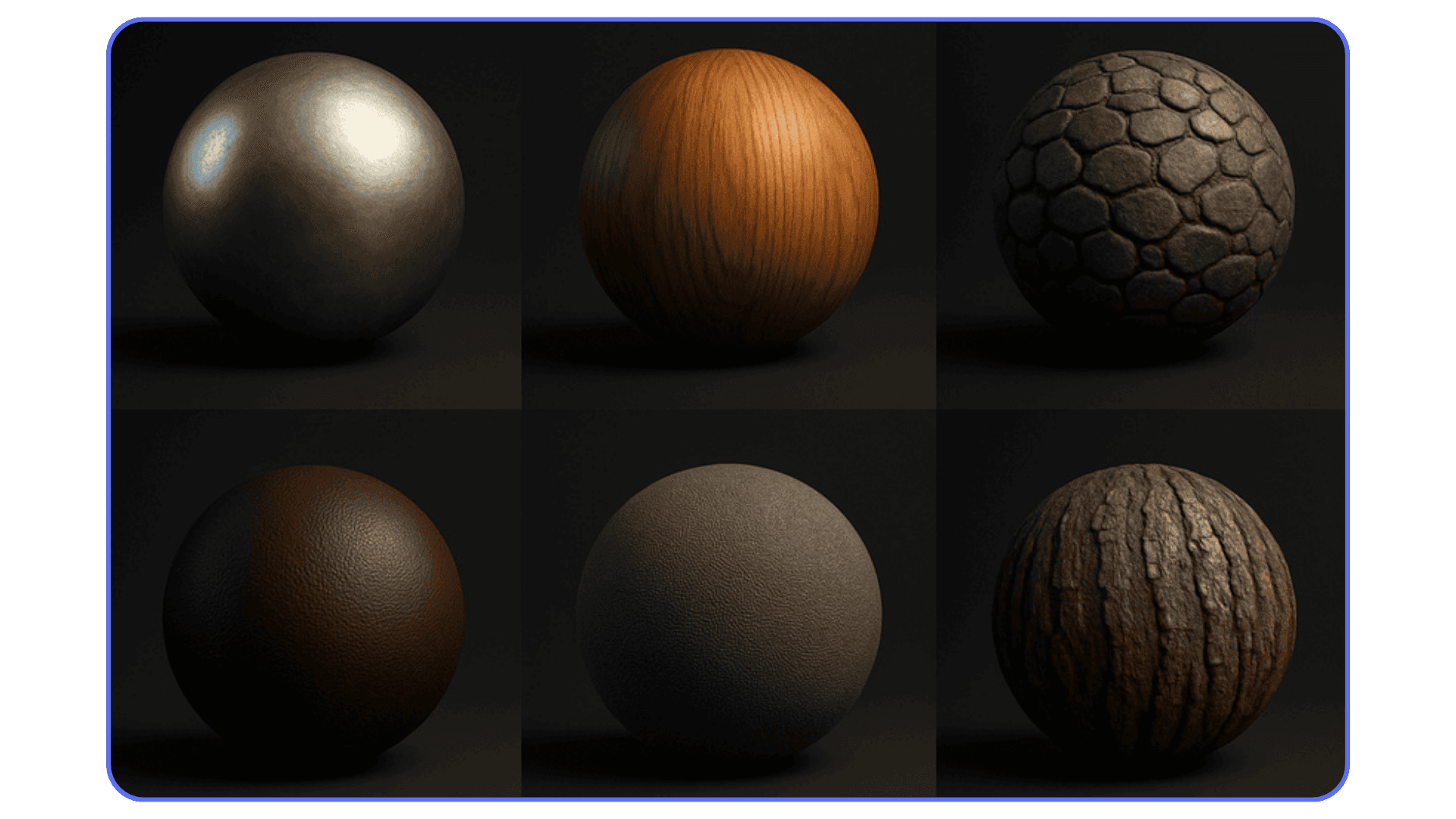 Photorealistic Cinema 4D material renders displaying metal, wood, leather, and stone surfaces
