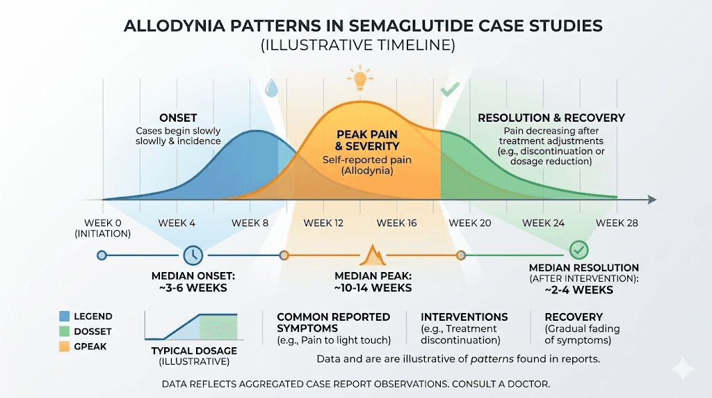Semaglutide allodynia timeline showing onset and resolution patterns from research