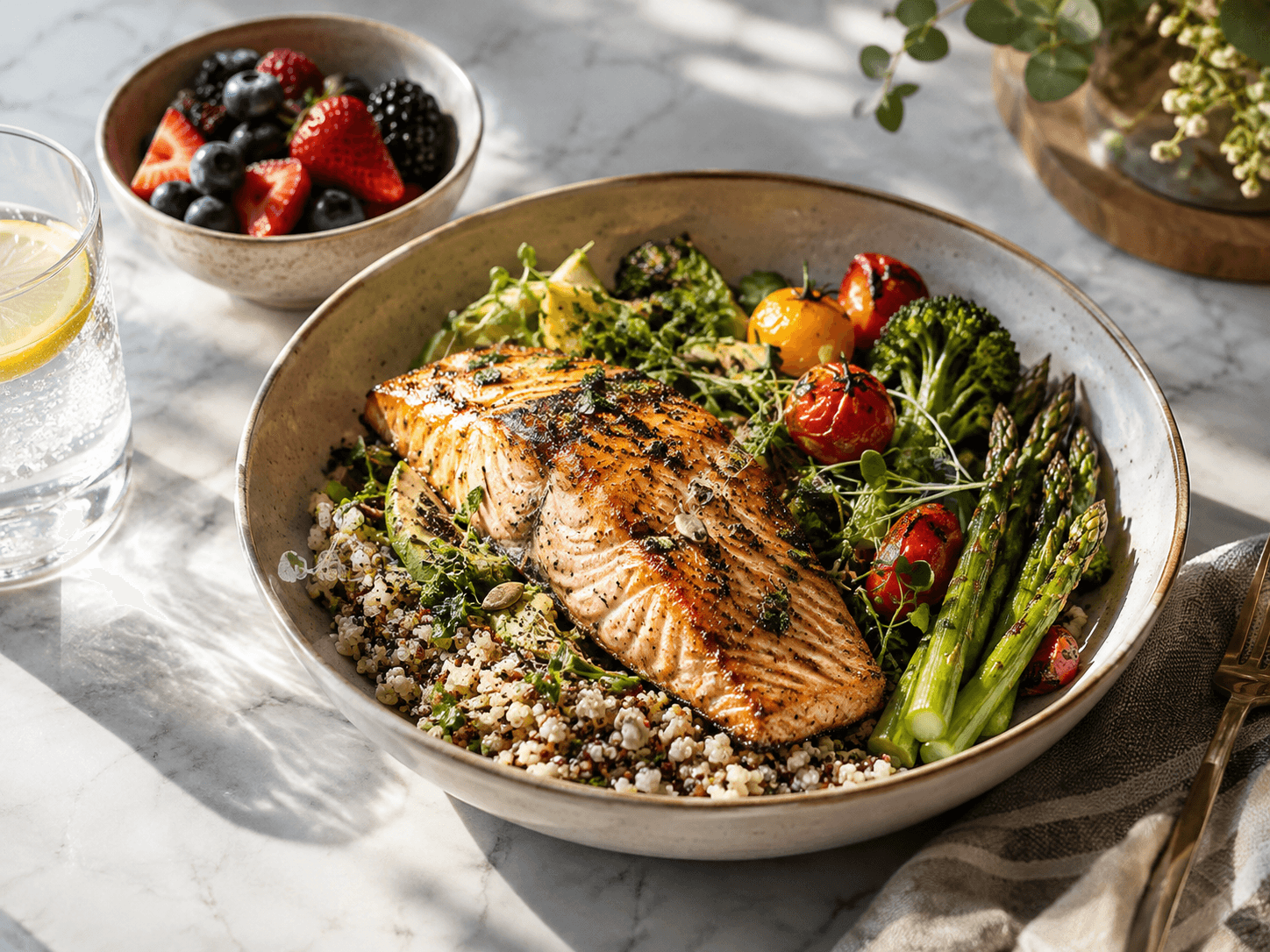 Protein ve karbonhidrat aynı tabakta buluşabilir: somon, kinoa, sebzeler ve meyvelerle çeşitlendirilmiş bir öğün.