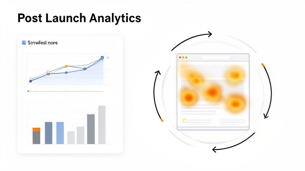 Visual representation of post-launch analytics featuring data charts and a web page heatmap.