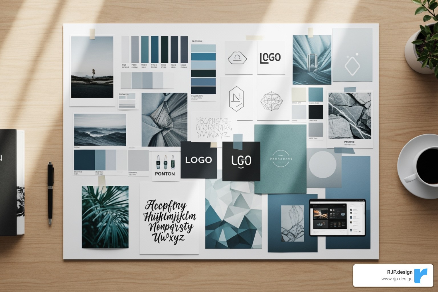 A mood board displaying a brand's color palette, logo concepts, typography samples, and inspirational imagery for a new web design project - denver web design