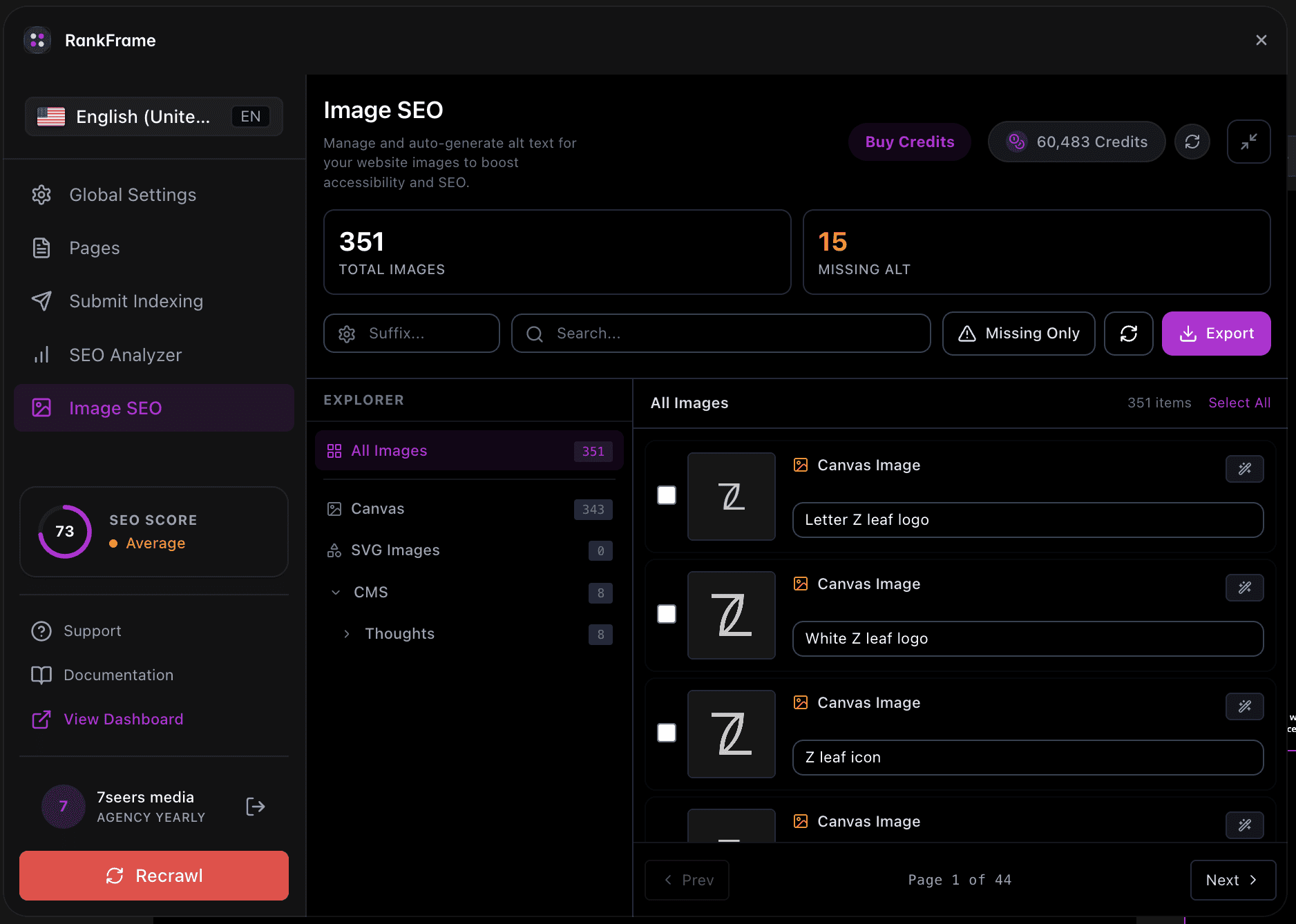 Image SEO full panel overview in RankFrame