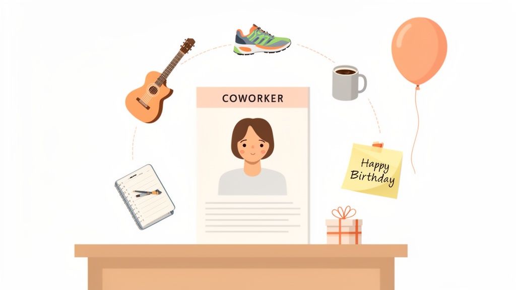 Illustration showing a coworker profile with various interests and birthday celebration items.
