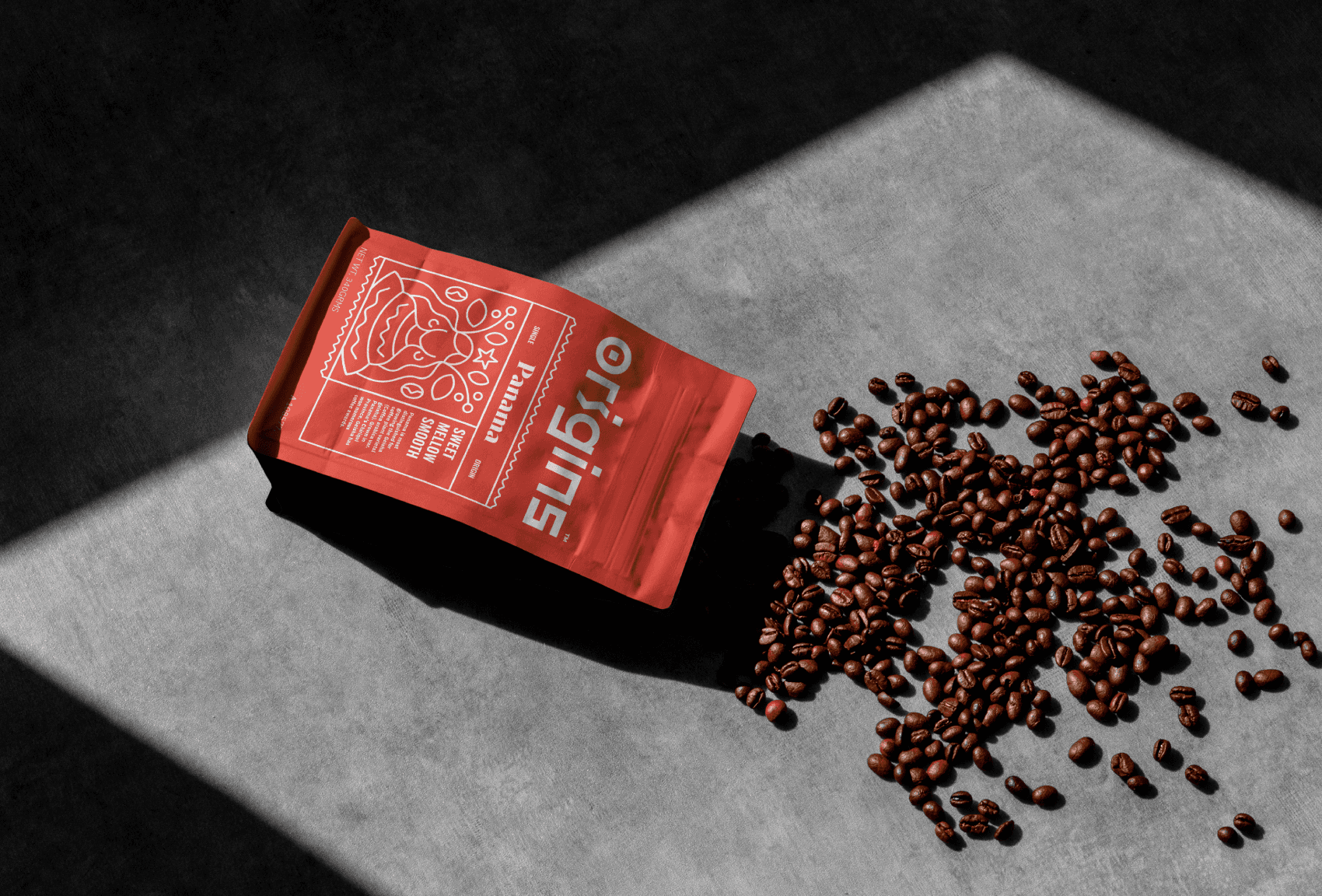 Origins, Sharjah, UAE, Coffee beans bag, Light Roast, Panama Origin Illustration, Red COffee bag