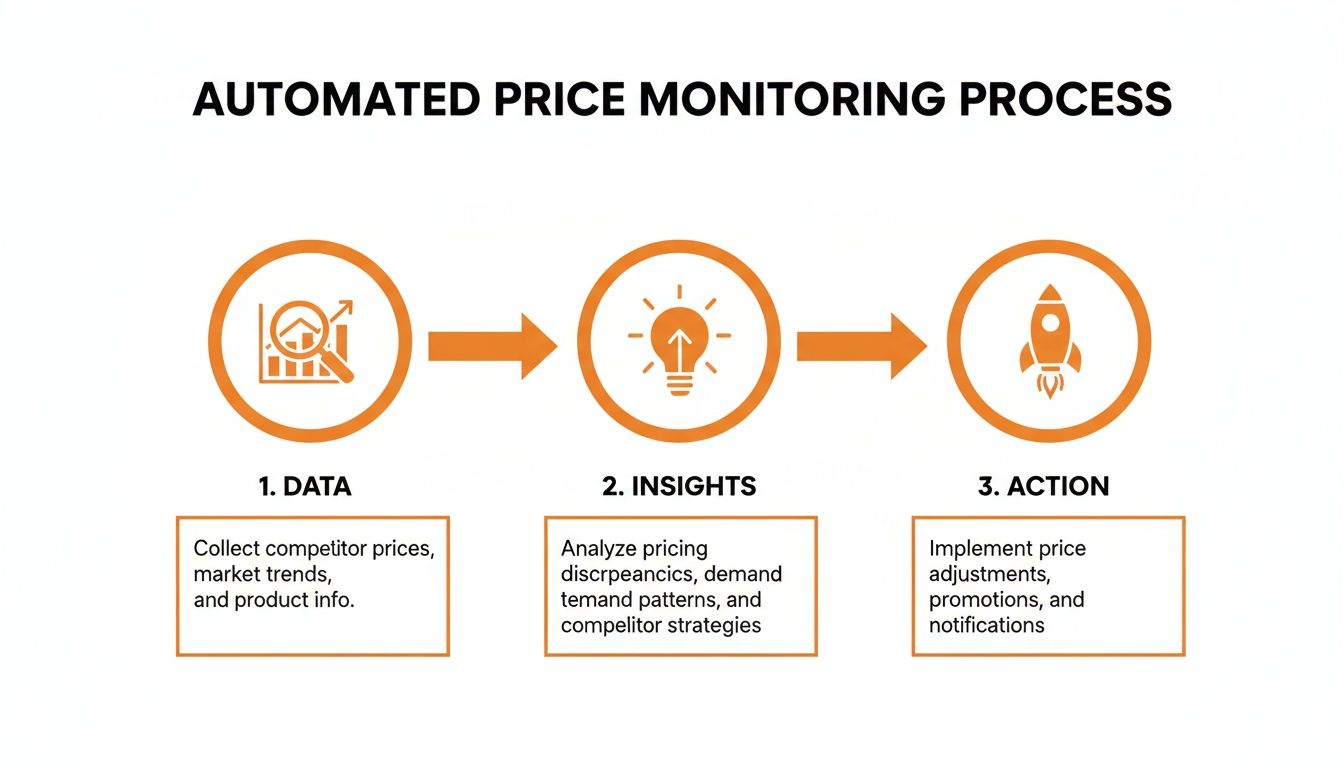 An automated price monitoring process diagram showing three steps: data collection, insights analysis, and action implementation.