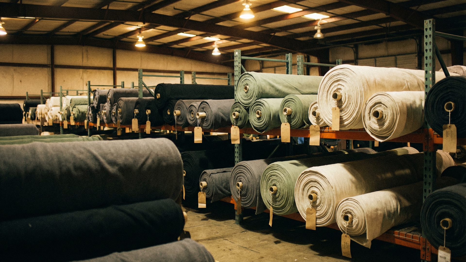 Massive rolls of heavyweight cotton fleece fabric in charcoal, black, sage green, and washed bone stacked on industrial metal shelving in a large textile warehouse with warm overhead lighting.