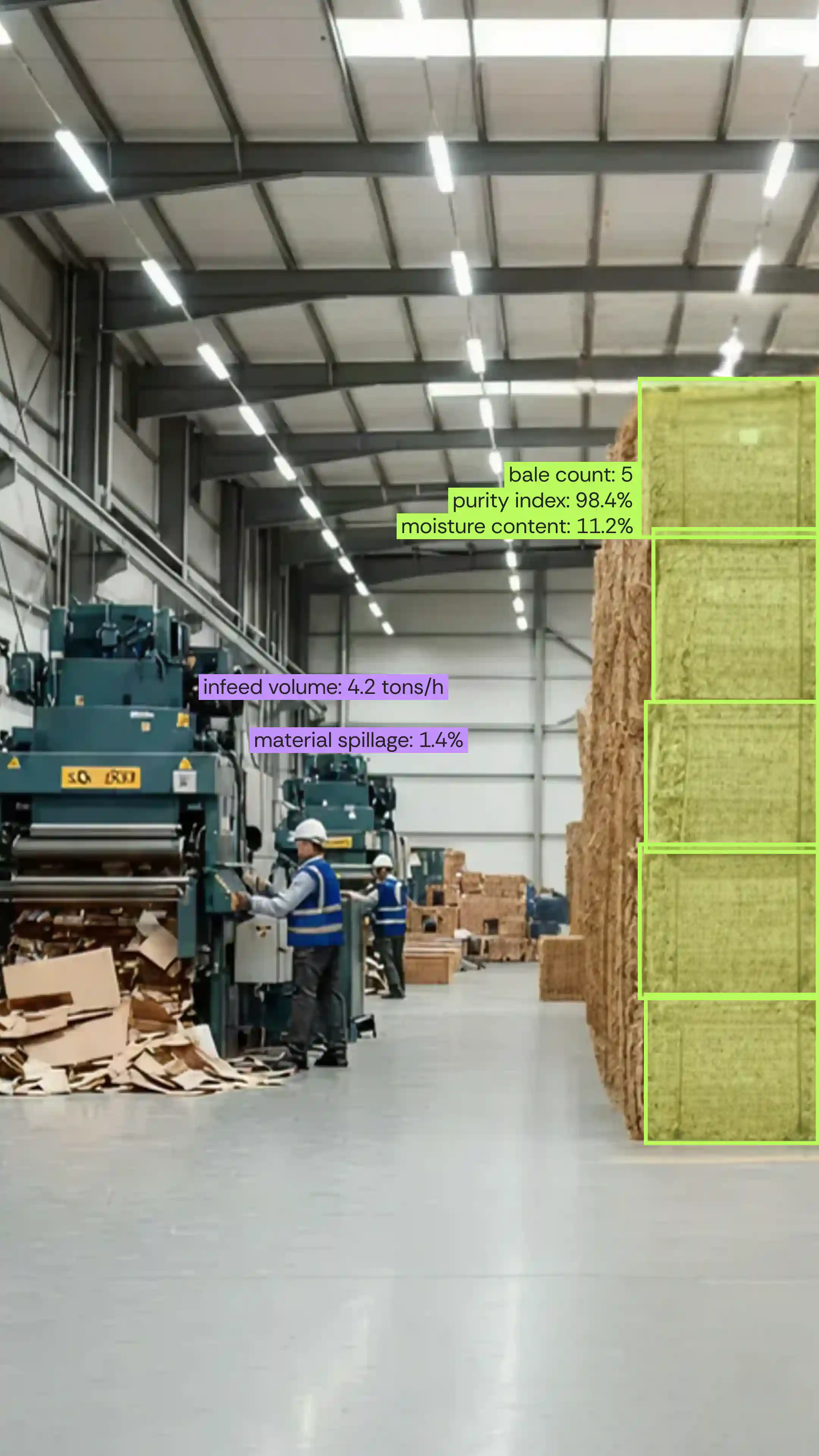recycling factory with machines and stacked bales of residual material, featuring digital data labels displaying statistics such as infeed volume, material loss, and bale counts to illustrate AI