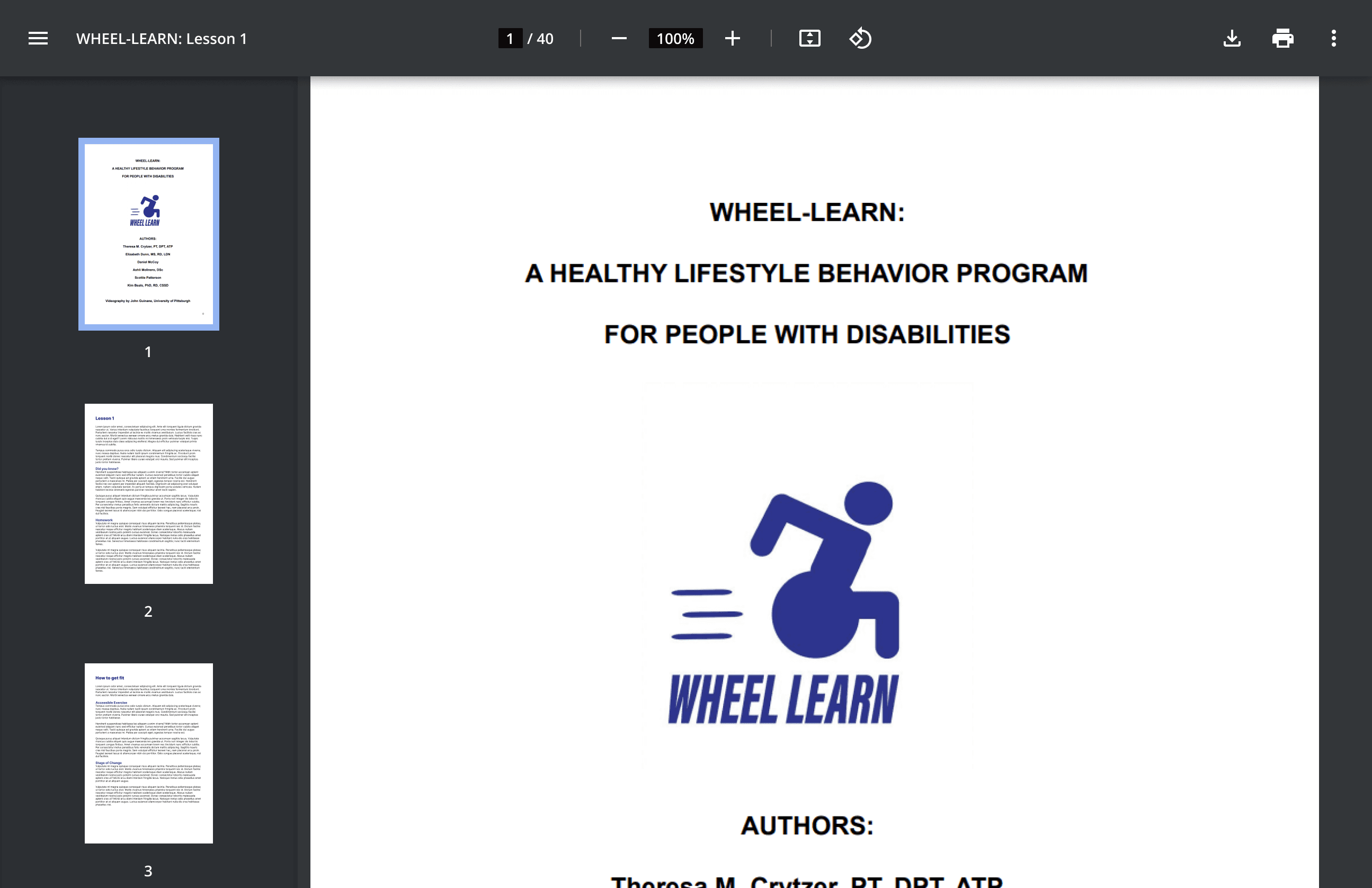 A PDF viewer displaying a written version the the WHEEL-LEARN program.
