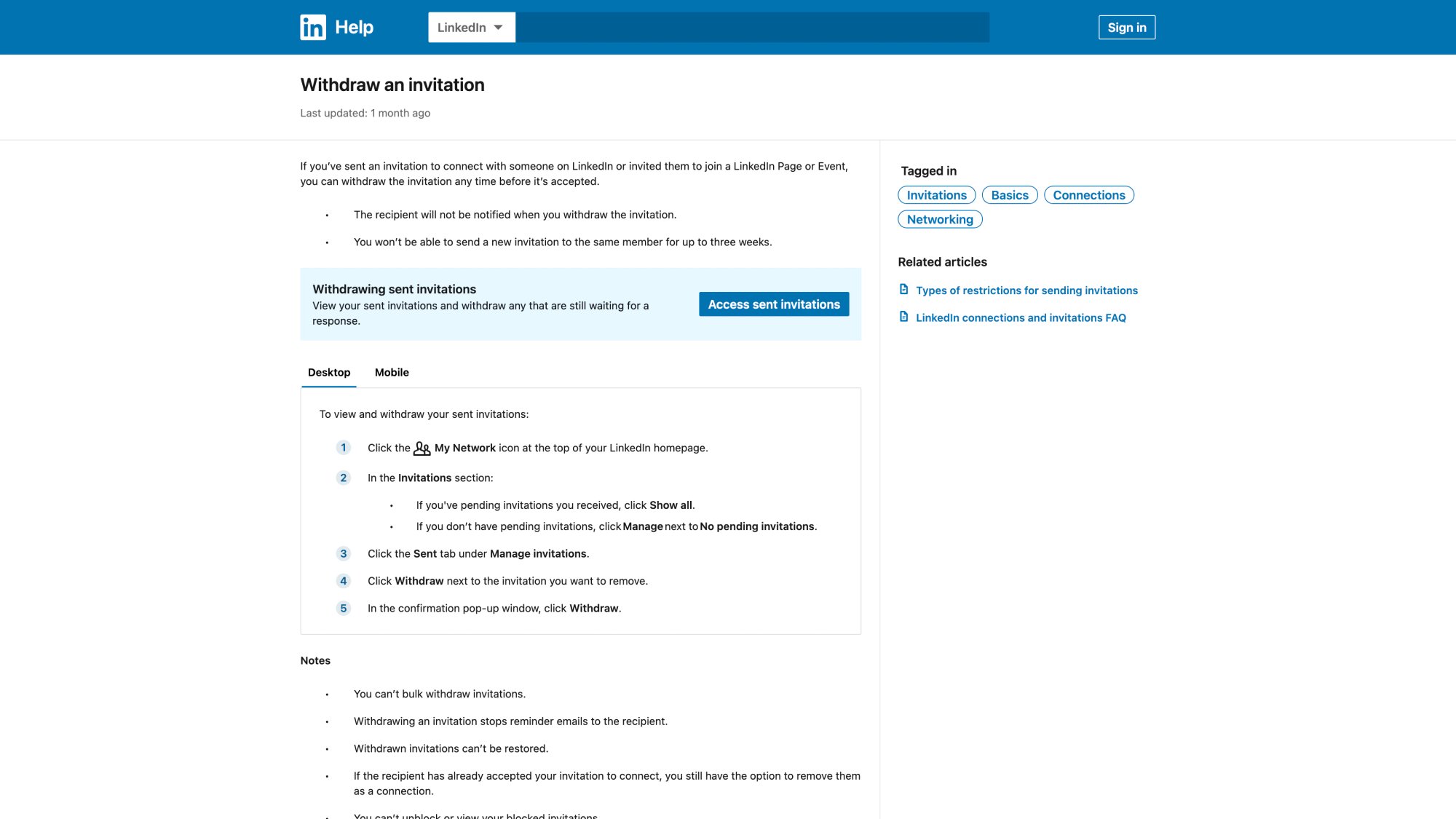 LinkedIn Help Center article on withdrawing connection requests showing recipient is not notified and 3-week waiting period