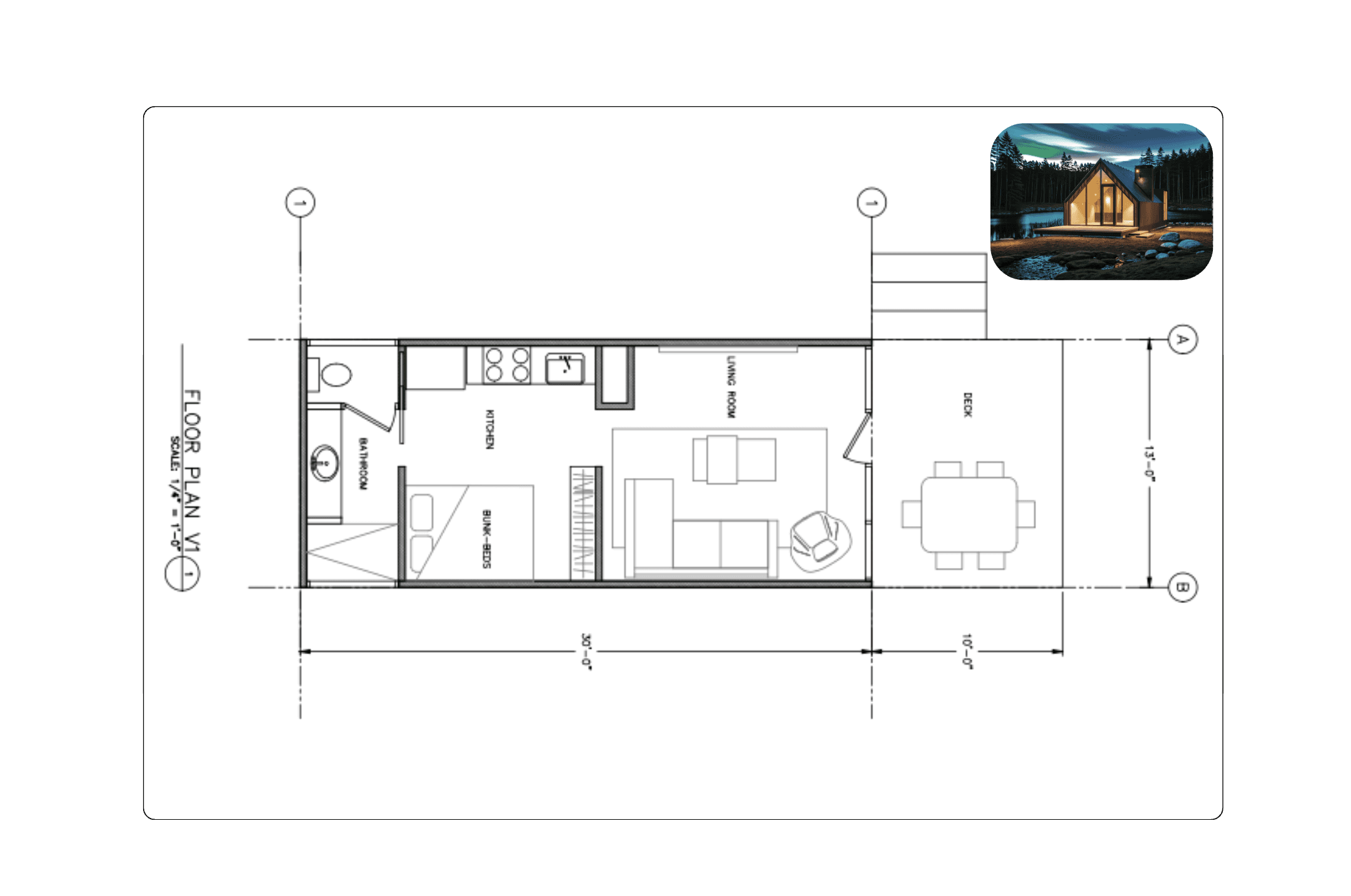 Floor plan for the A-frame Lumin Cabin.