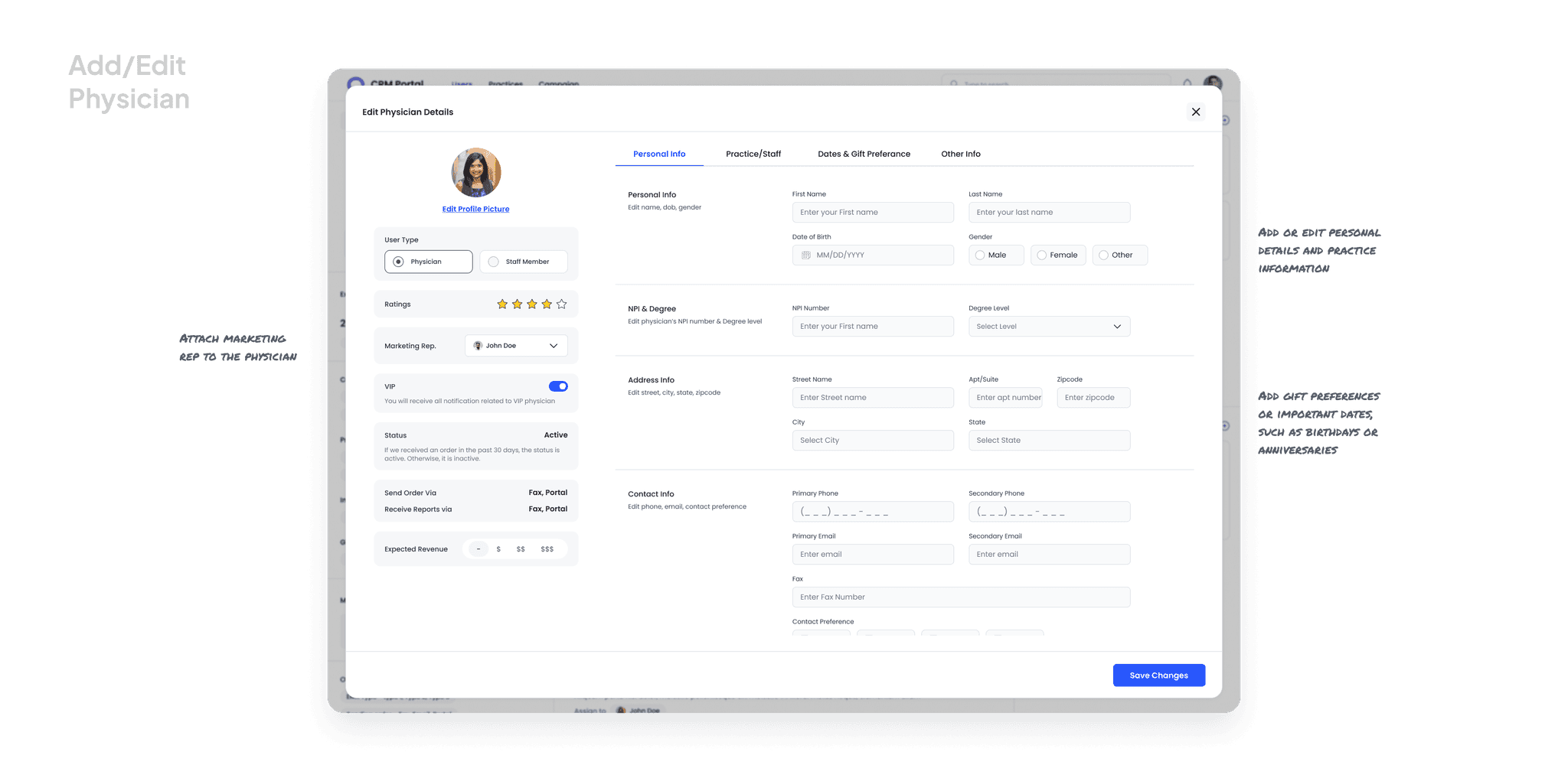 High fedility ui screen showcasing edit physician details module along with annotation of design thinking.