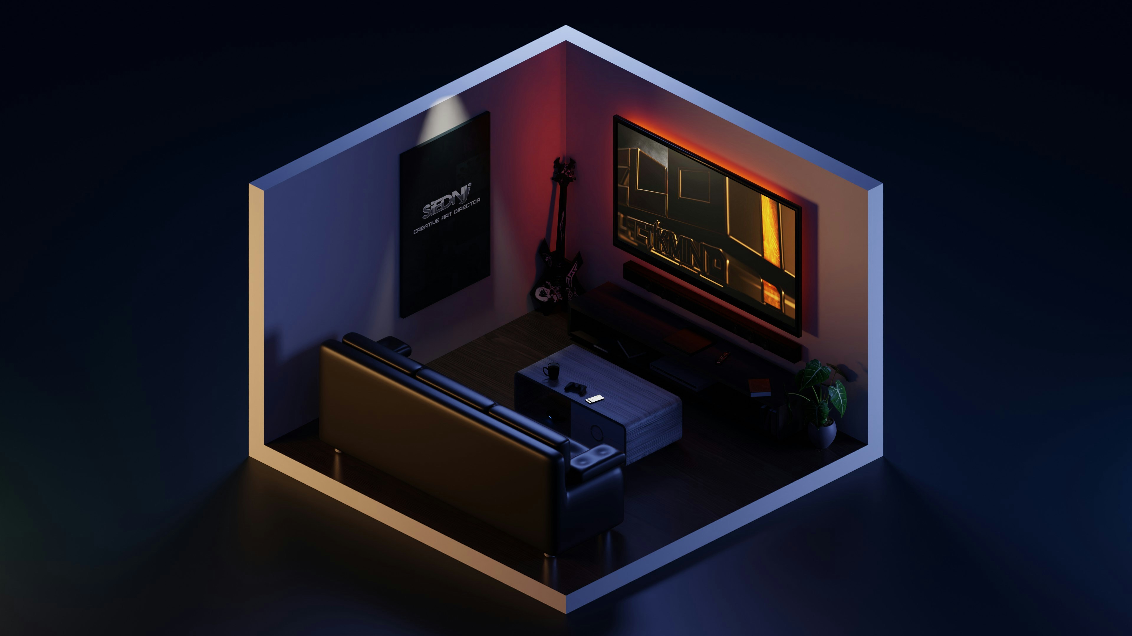 Isometric living room scene with cinematic lighting and modern setup