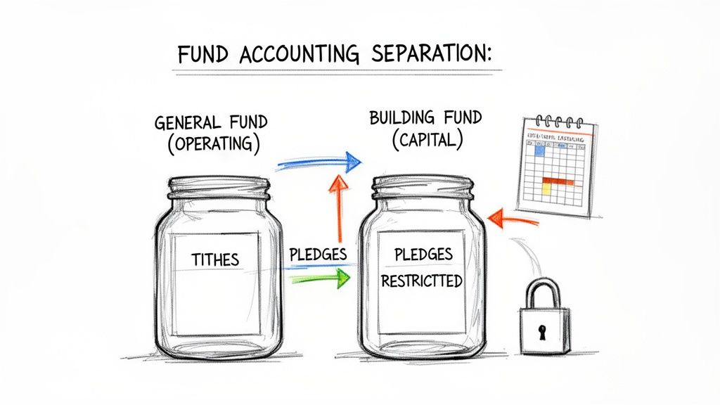 A diagram illustrates fund accounting separation with general operating and building capital funds, showing tithes and restricted pledges.