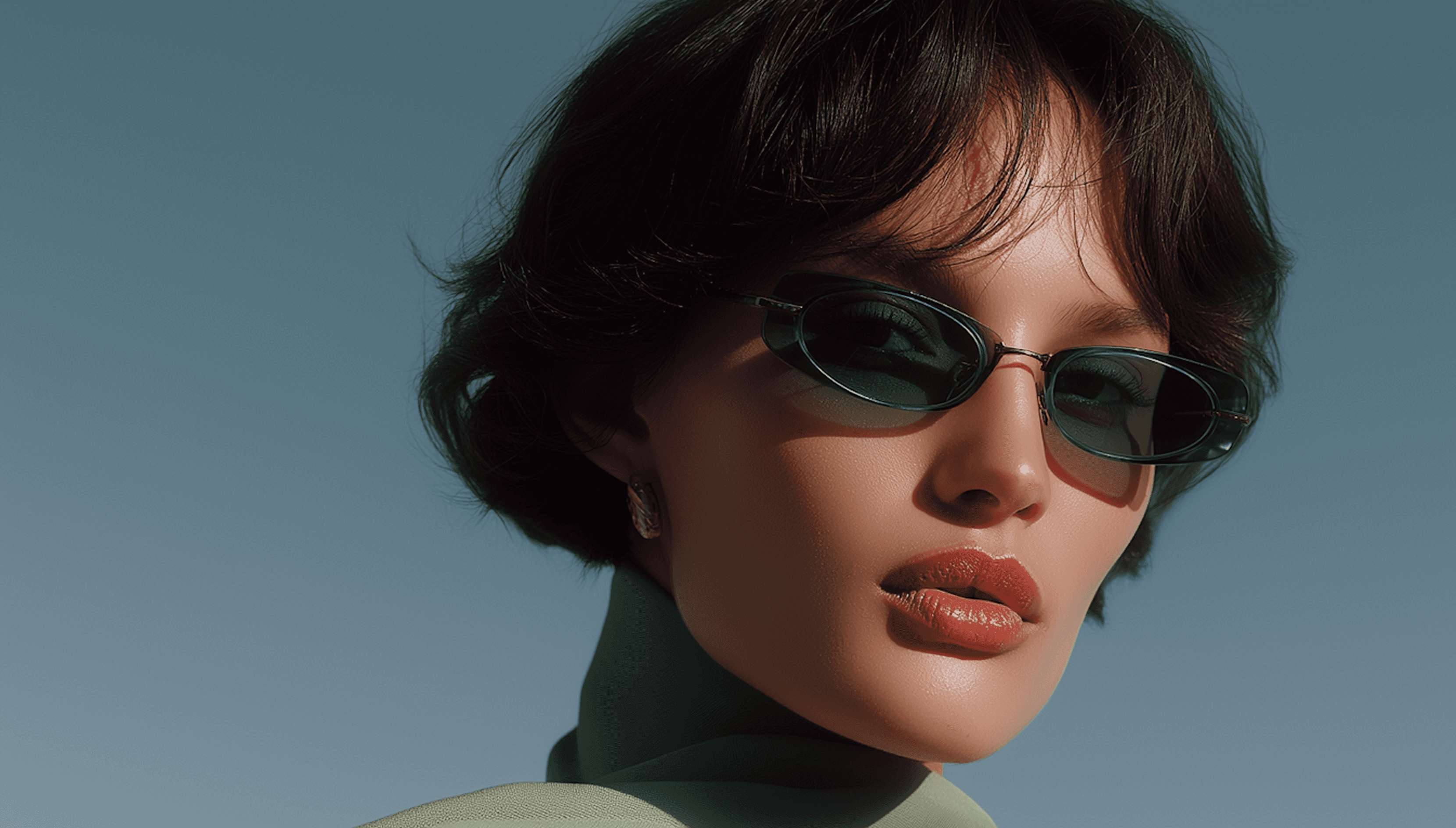 Stylish woman wearing oval green sunglasses against a blue sky.