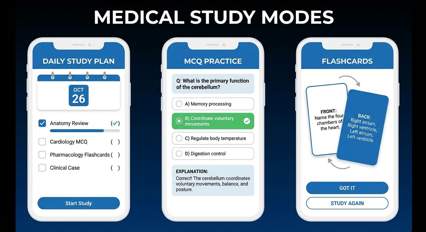 Three main study modes in Oncourse AI: daily plans, MCQ practice, and spaced repetition flashcards