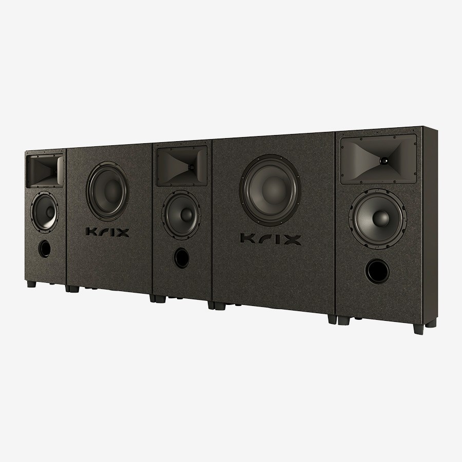 Four dark grey speakers in a row, two with horns