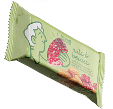 Lowcal Garden nuts and berries snack bar packaging — green wrapper with playful character illustration holding a raspberry, almonds and dried berries shown — snack packaging design by Makers' Studio
