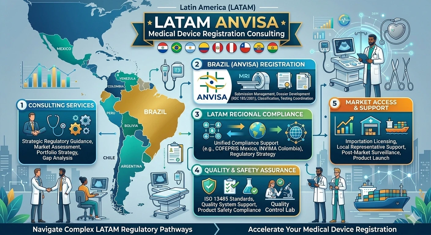 ANVISA medical device registration process in Brazil and Latin America, including regulatory compliance steps and market access support