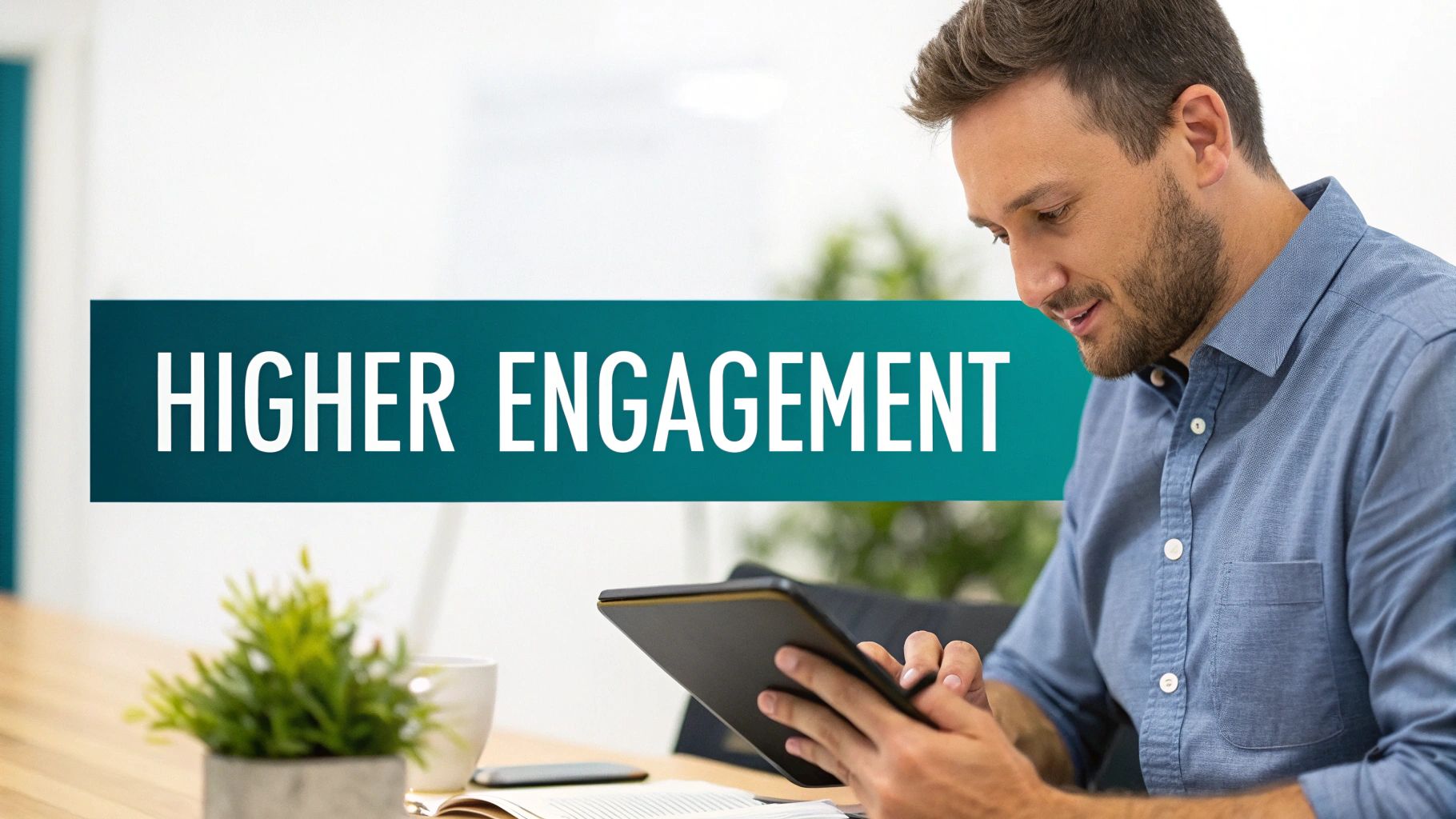 A man smiling while using a digital tablet with a 'HIGHER ENGAGEMENT' text overlay.