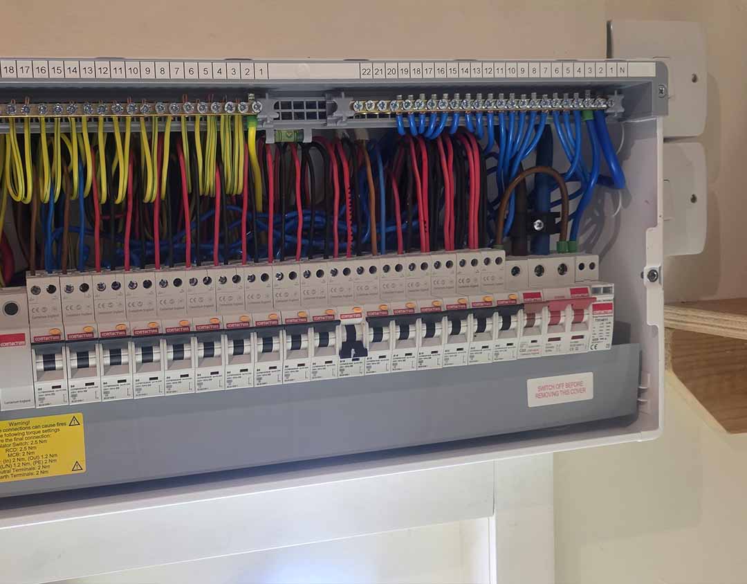 Consumer unit and electrical distribution board upgrade completed as part of the Puttenham solar installation.