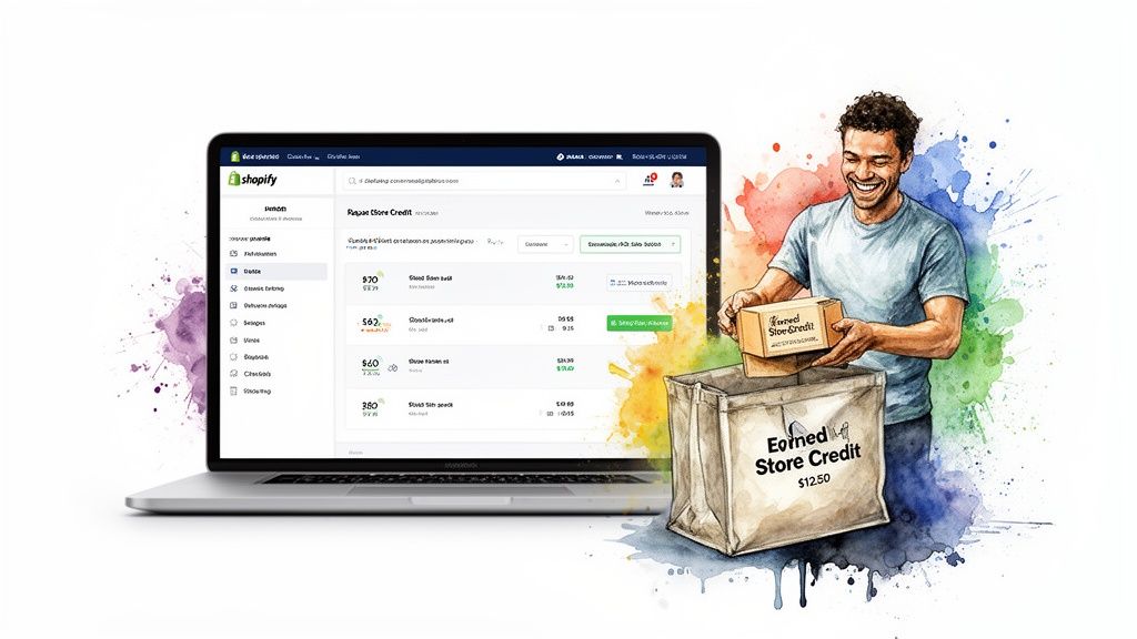 A happy man packs reward boxes into a bag next to a laptop displaying e-commerce store credit.