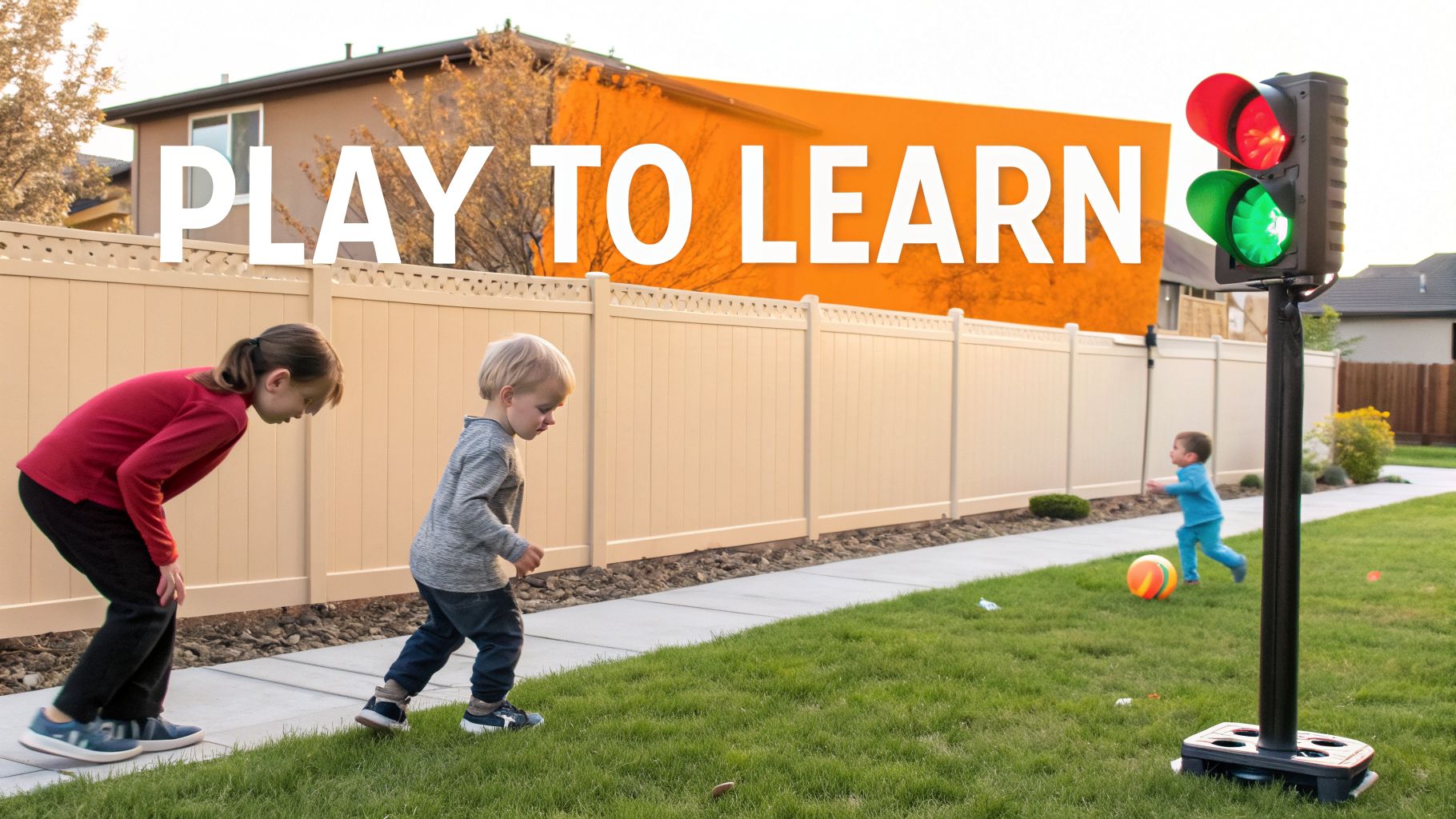 Children play in a sunny backyard with a traffic light prop, learning through play.