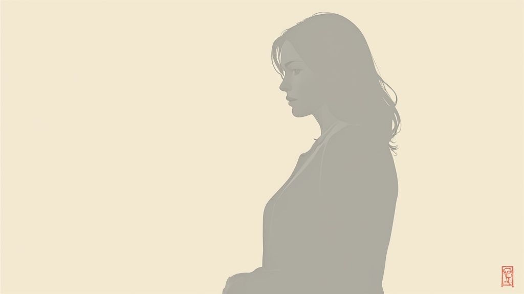 Eine stilisierte, halbtransparente Silhouette einer Frau im Profil, nachdenklich nach links blickend auf beigem Hintergrund.