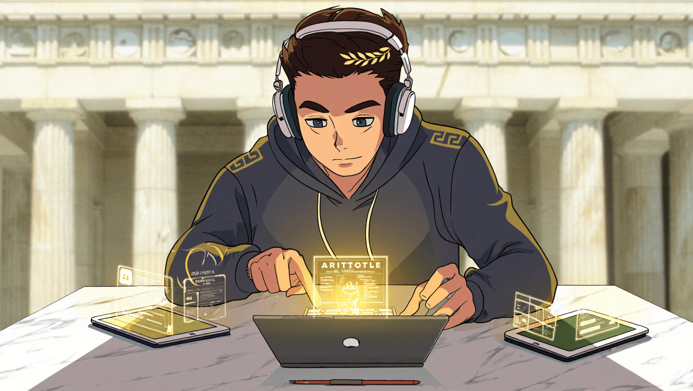 Focused student comparing study tools on a modern screen with Greek architectural arches in background