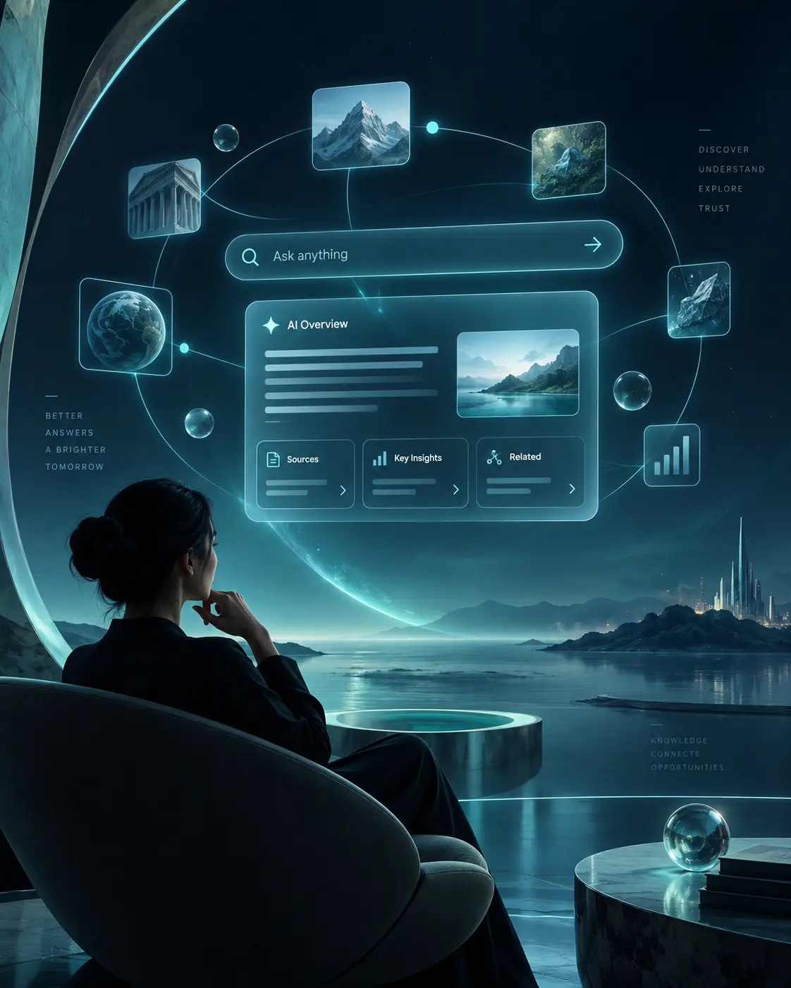 Futuristic AI search interface illustrating Google AI Overviews, GEO, and content visibility in AI-powered search
