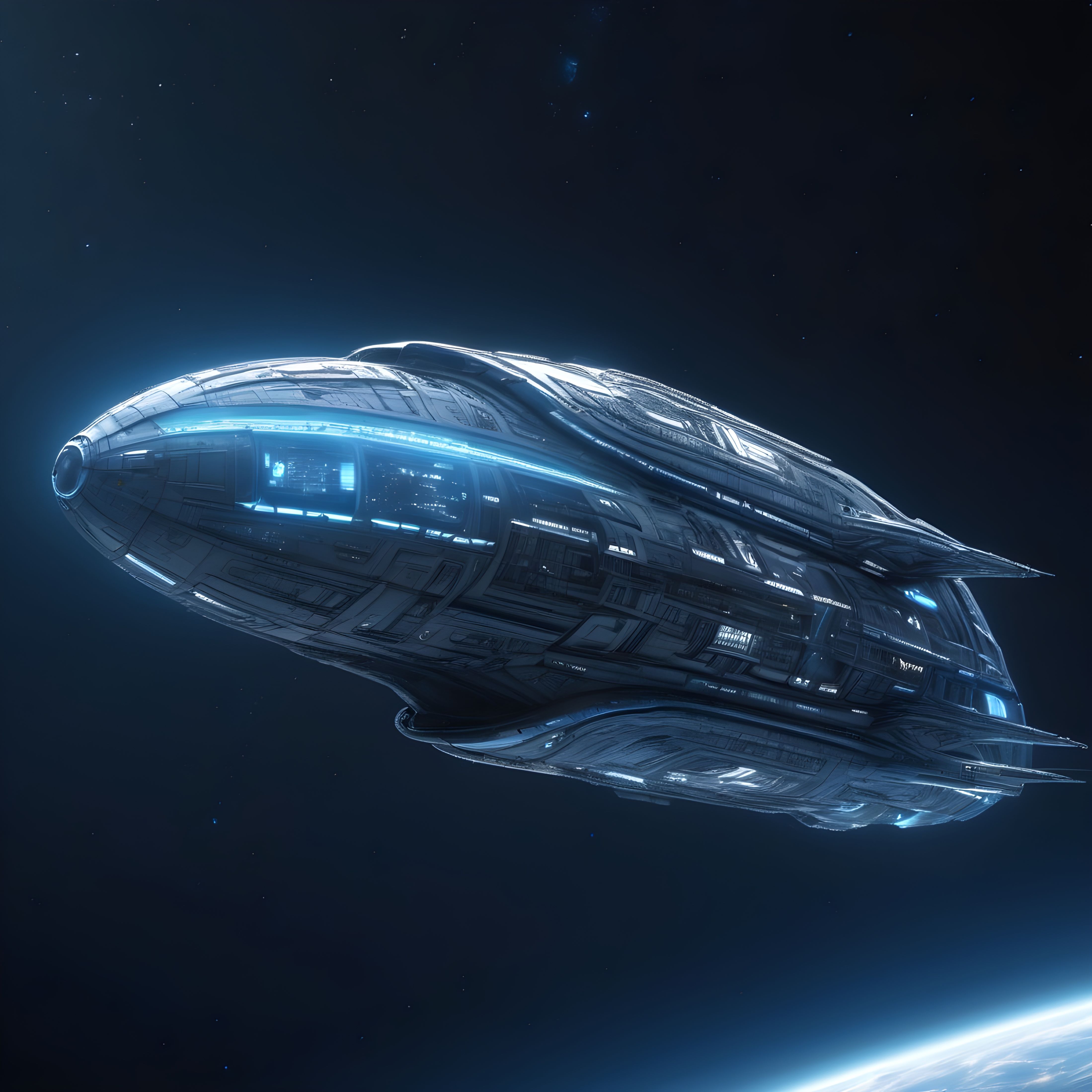 A long dark futuristic organic alien space ship with neon blue lighting flying through space