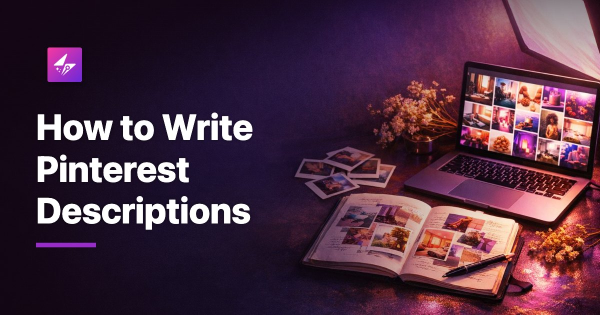 A moody creative desk with a sketchbook, polaroid photos, dried flowers, and a laptop showing a colorful image grid, lit in deep purple and magenta tones.