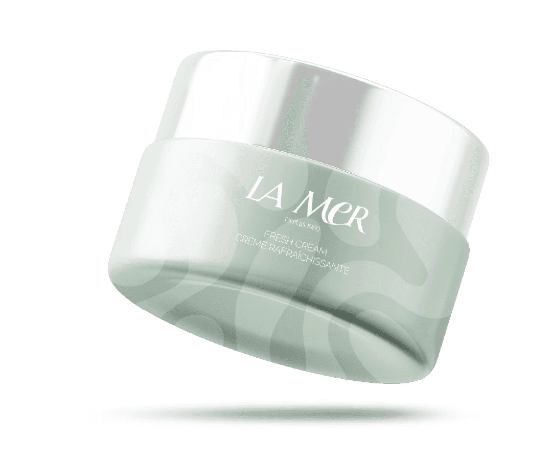 Packaging cosmétique premium pour La Mer, finition chromée avec dégradés naturels inspirés des algues marines